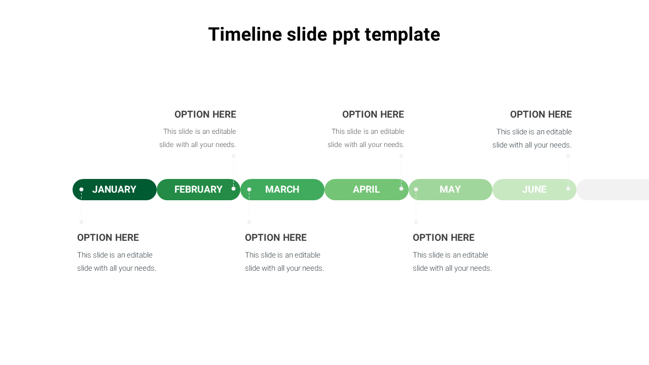 Timeline design with six months in green blocks, featuring placeholders for content for each period from January to June.