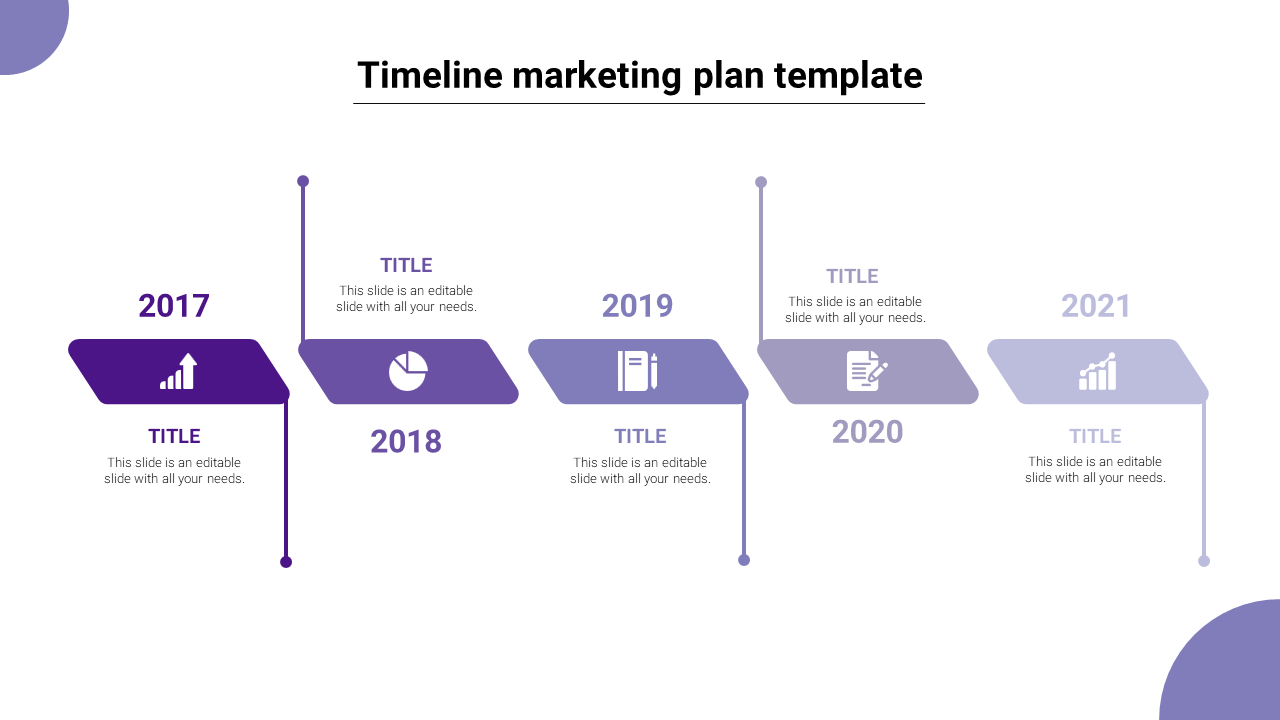 Purple gradient timeline marketing plan template from 2017 to 2021 with icons and placeholders on a white backdrop.