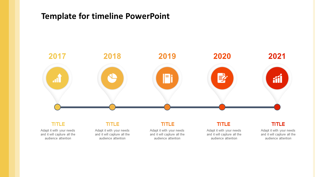 Five-point timeline ranging from 2017 to 2021, with icons for each year representing progress and achievements.