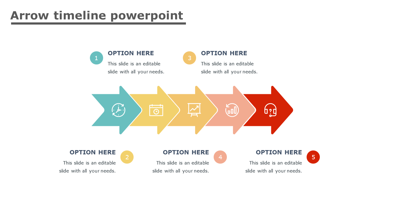 Arrow timeline slide with five colorful arrows in a sequential flow, each with icons and text sections on a white backdrop.