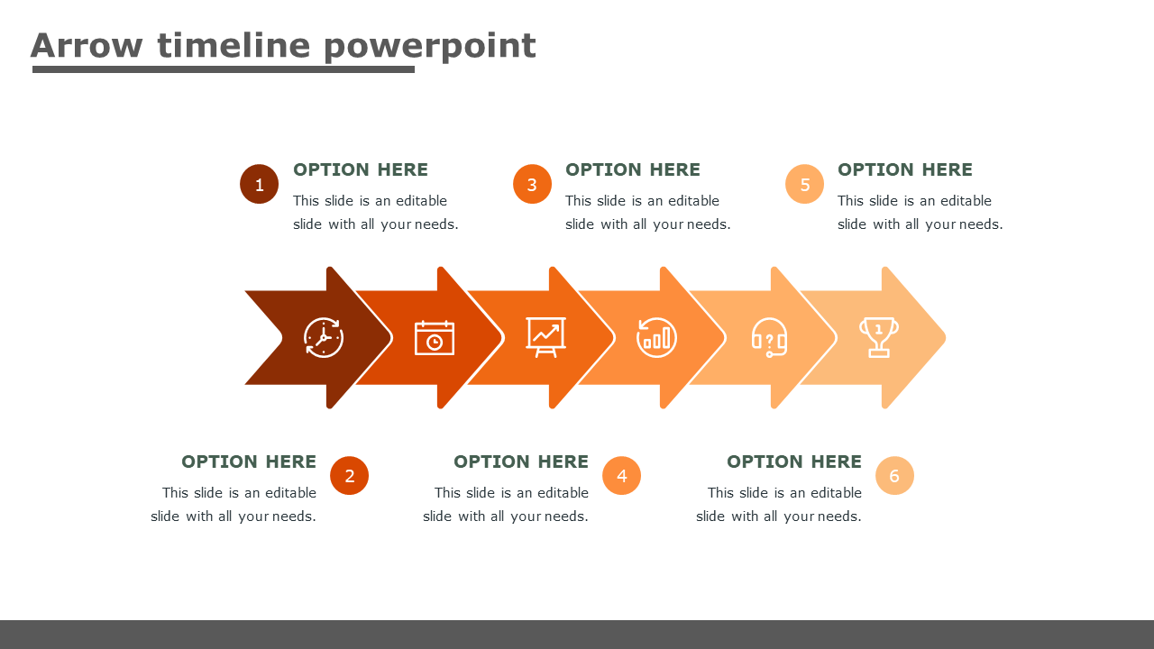 Slide showcasing a horizontal timeline with six colored arrow sections with icons and placeholder text.