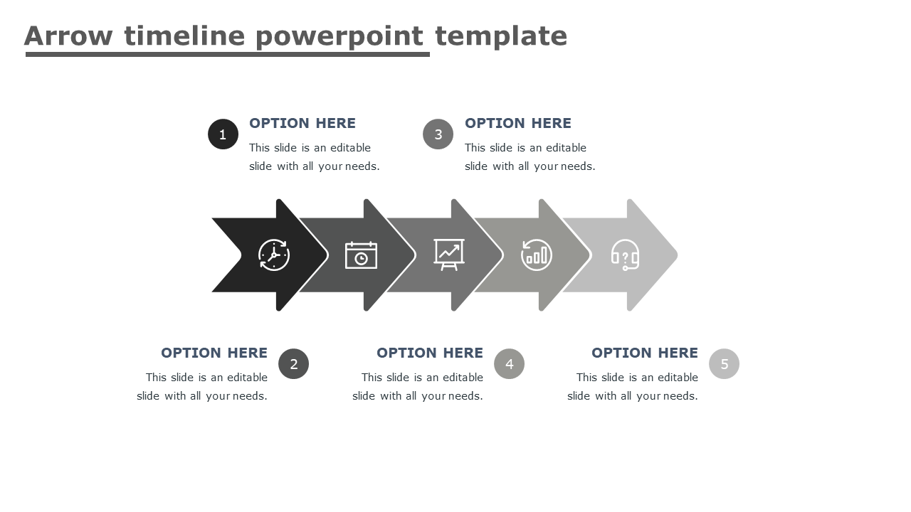 Timeline with five gray arrow steps, each marked with an icon, connected horizontally, and numbered text fields.