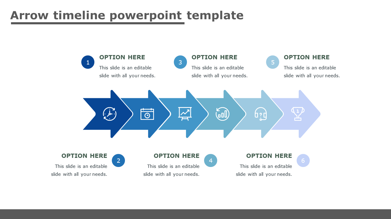 Blue arrow shaped timeline slide with six options and icons representing different stages.