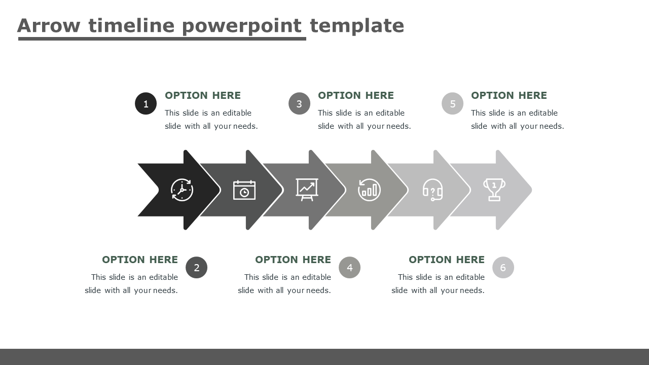 Timeline with six gray arrows pointing right, each step represented by an icon, and spaces for text above and below.