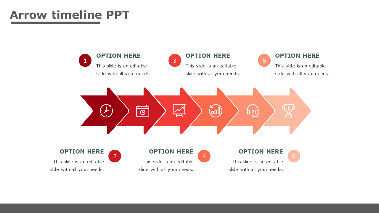 Horizontal arrow timeline with six red and orange arrows, each containing an icon representing various stages.