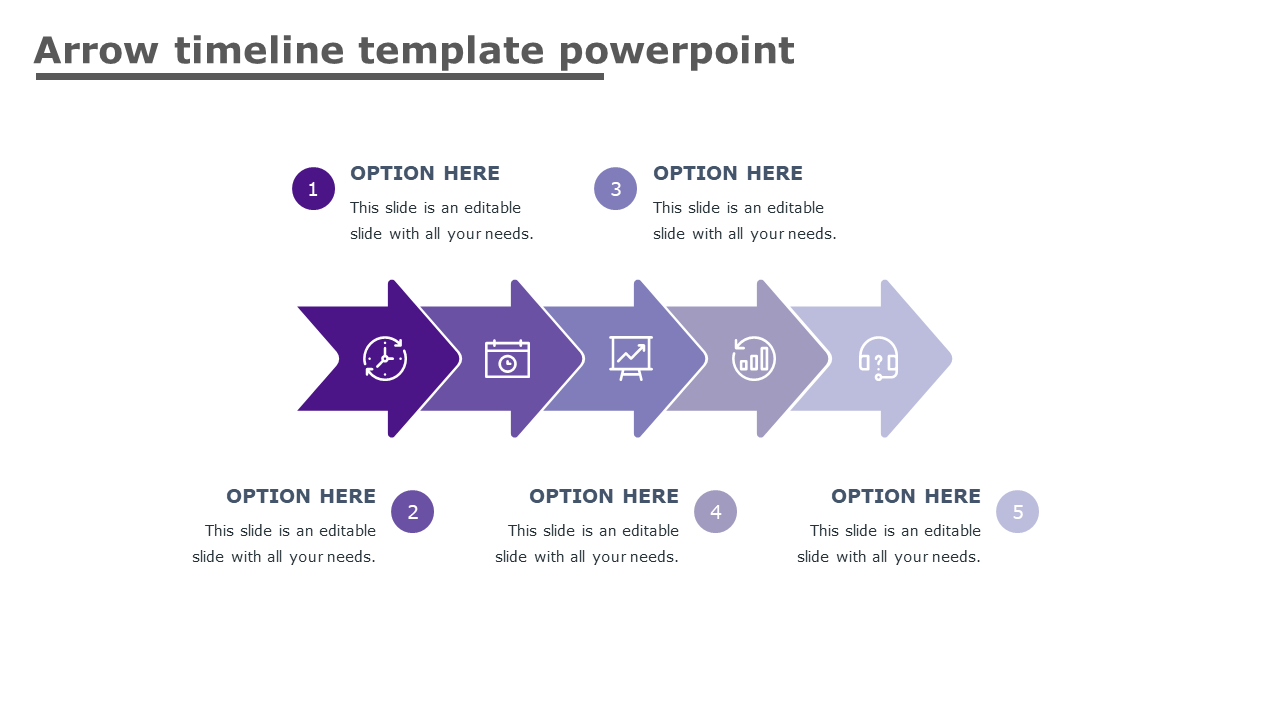 Horizontal arrow timeline with five gradient purple segments, each containing icons and captions area below.