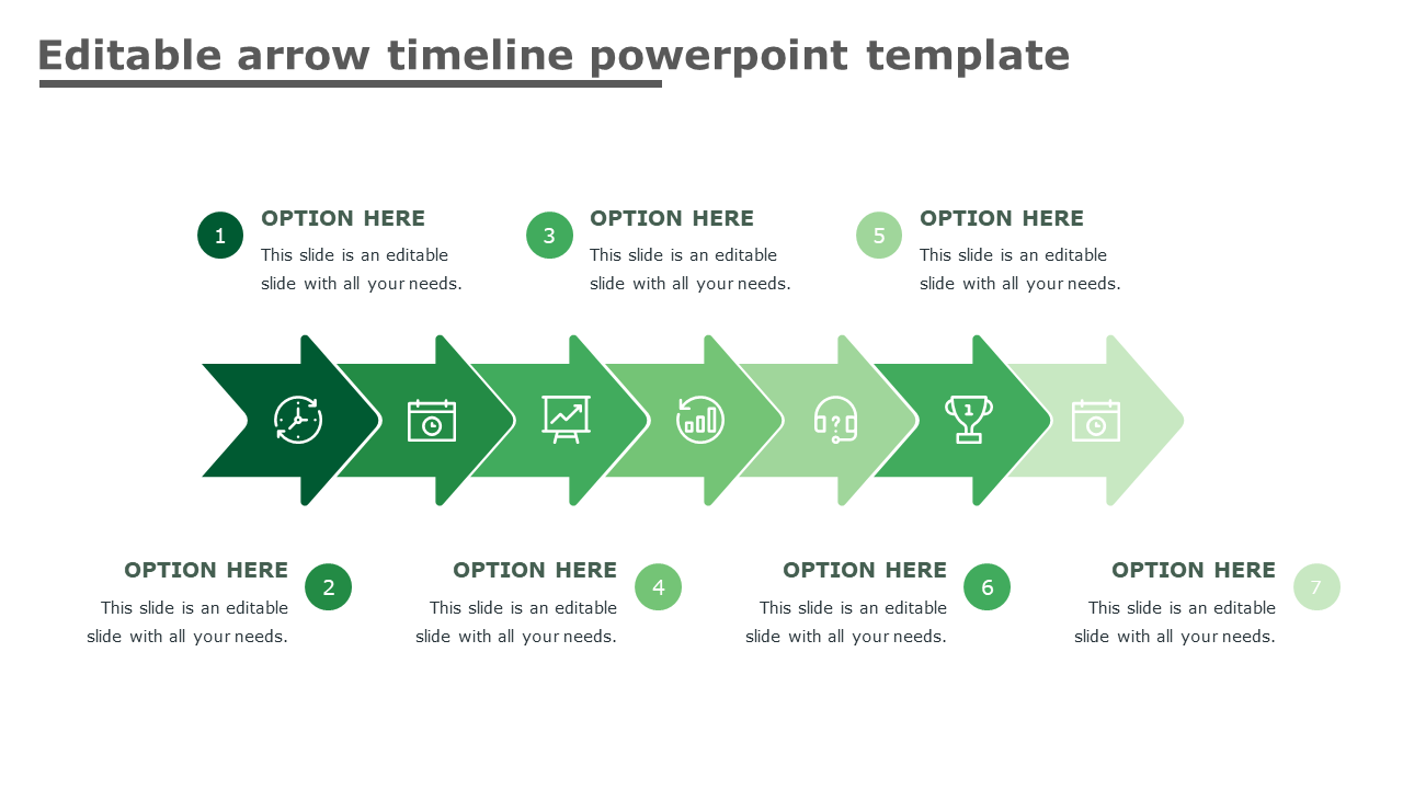 Green arrow timeline slide with seven steps, each with icons and text placeholders.