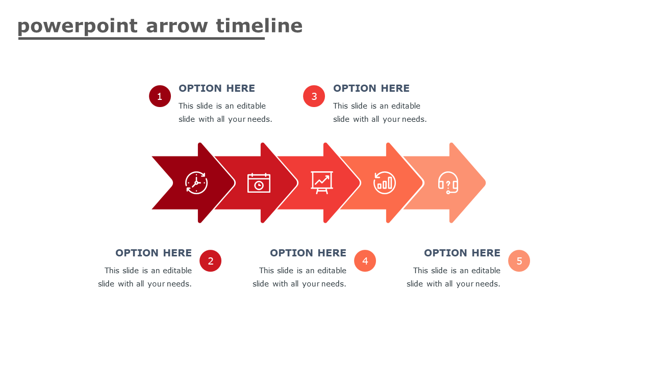 A horizontal arrow timeline with five red gradient sections, each featuring icons and placeholder text below.