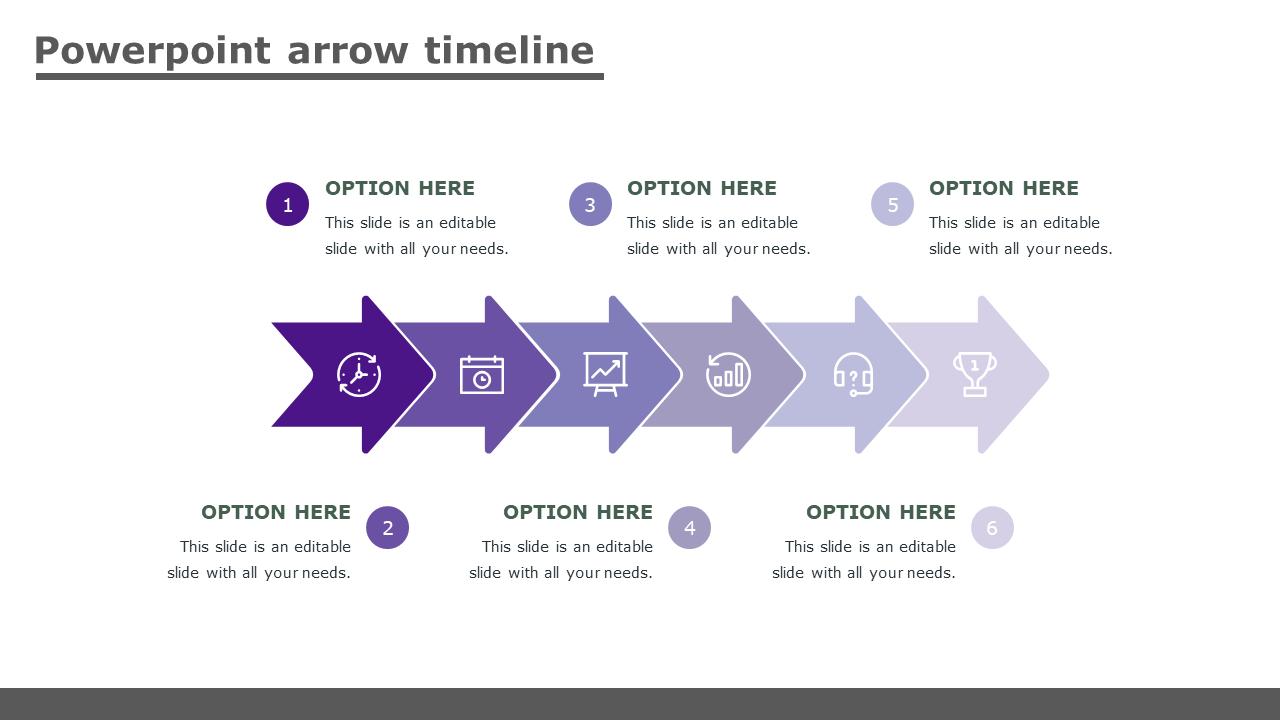 Six step arrow timeline in gradient purple shades, with circular numbered options and icons for each phase.