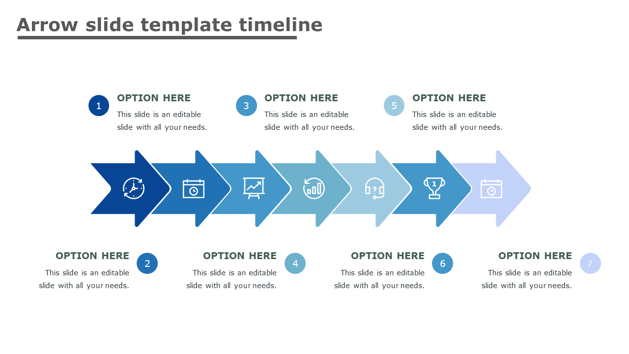 PowerPoint slide featuring a seven step arrow timeline in gradient blue shades with icons and text placeholders.