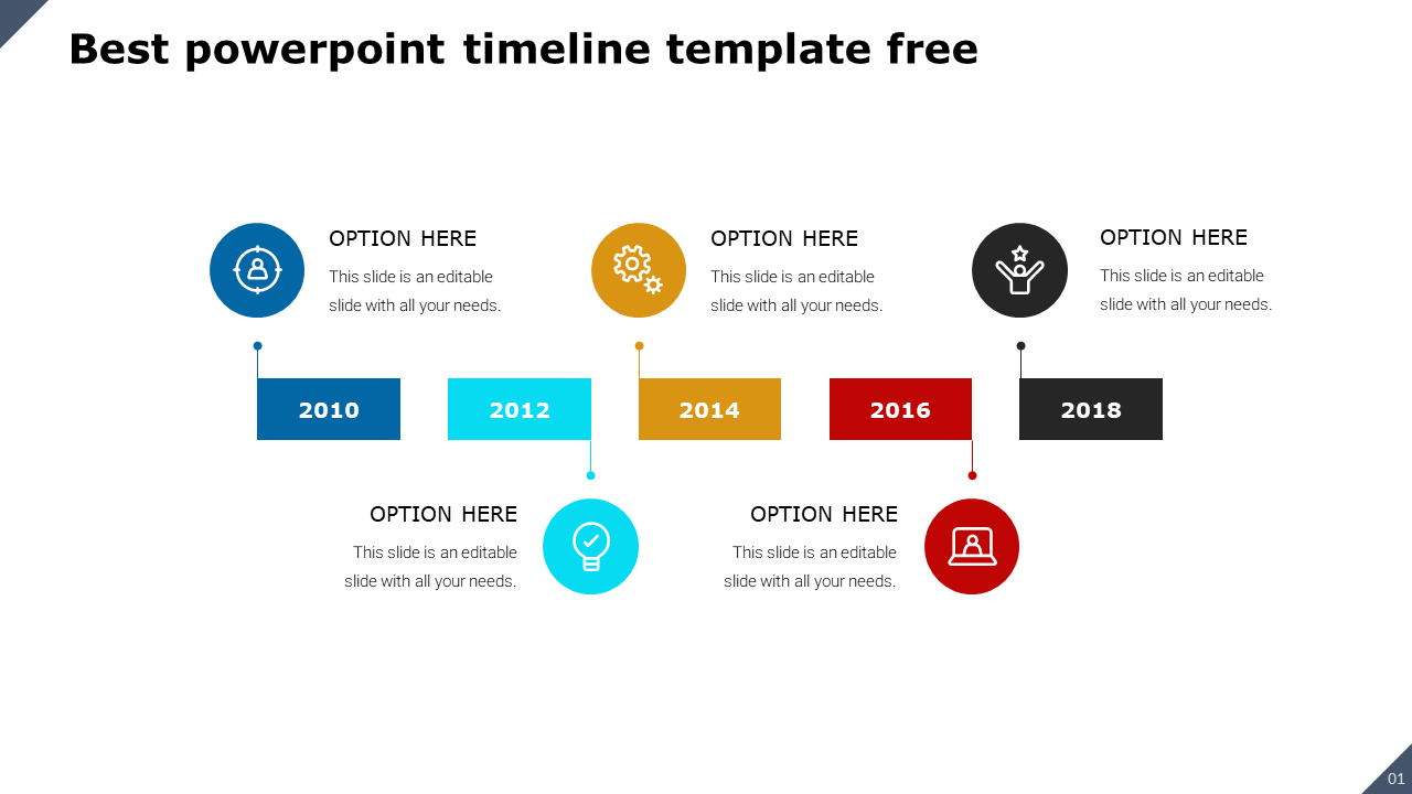 Colorful timeline PPT slide from 2010 to 2018, featuring icons and text options with placeholder text on a white backdrop.