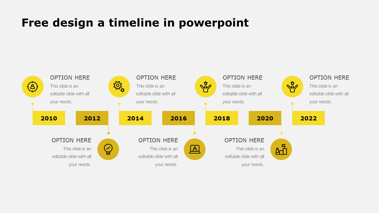 Yellow themed timeline with seven circular icons for each year from 2010 to 2022, placed on a white background.