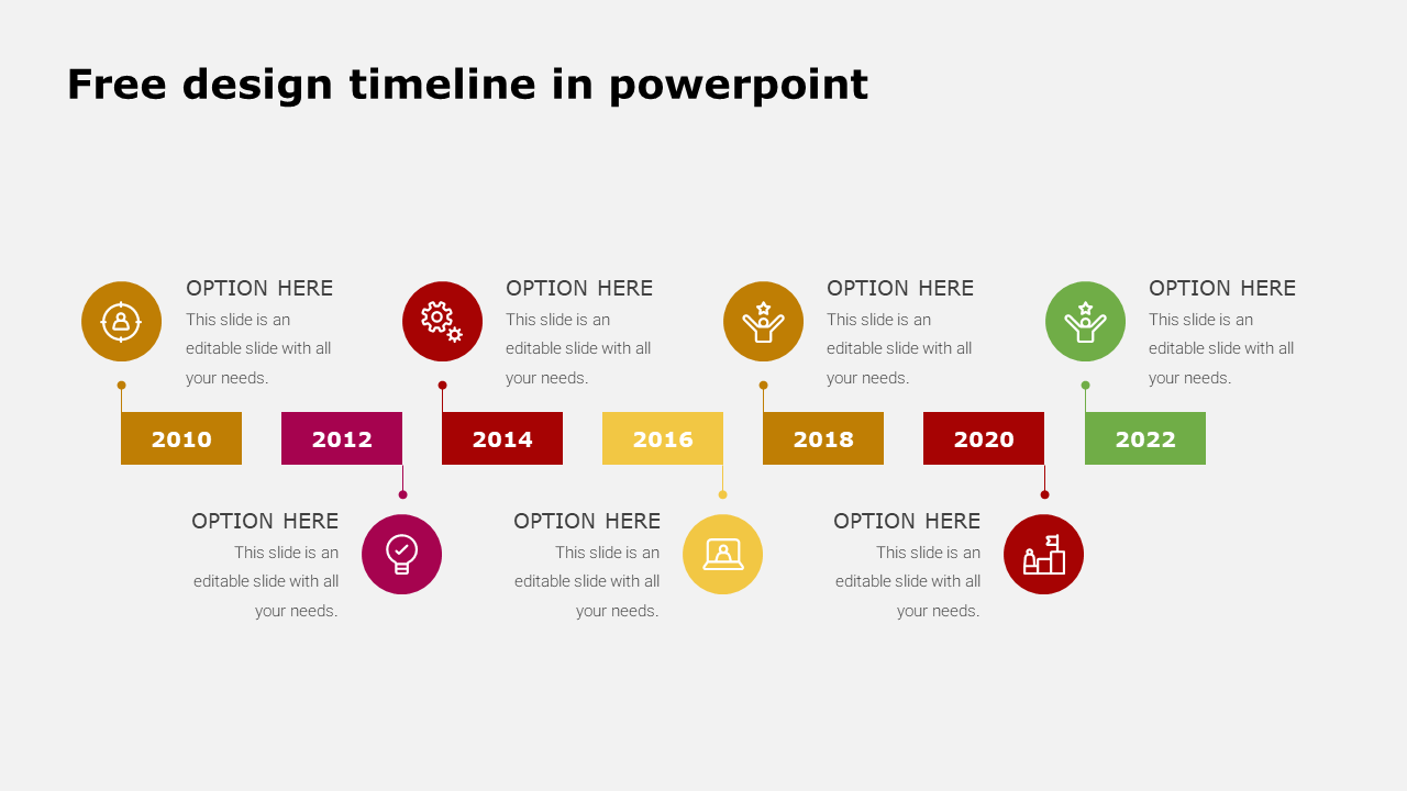 Colorful timeline PowerPoint template from 2010 to 2022, featuring icons and text options on a white backdrop.