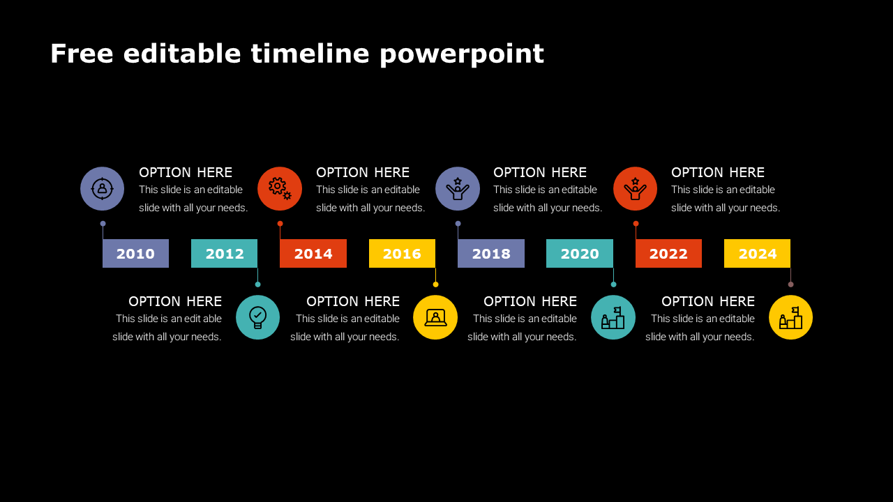 Timeline with eight circular icons in shades of purple, green, red, and yellow, with year labels, on a black background.