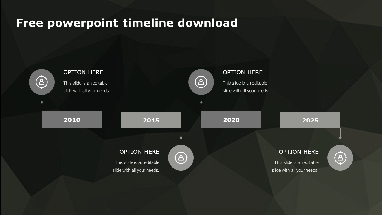 Timeline layout featuring four year markers with gray boxes and icons on a dark geometric background.