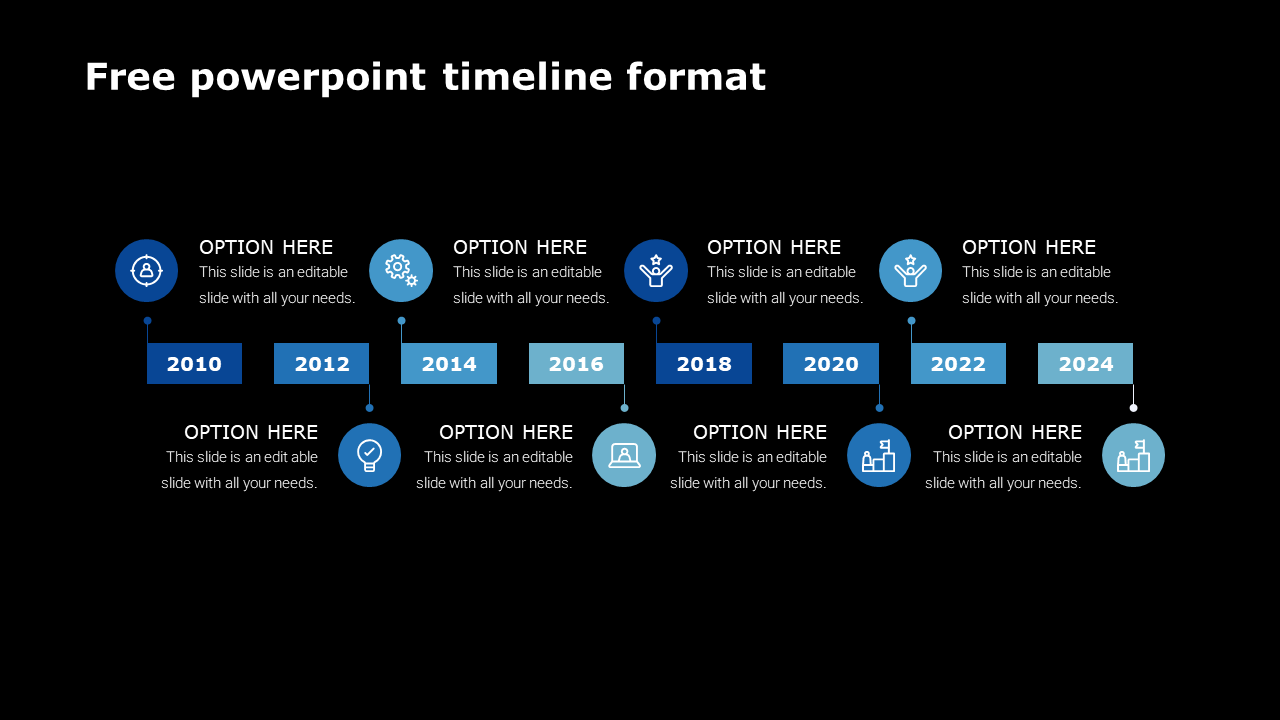 Horizontal timeline with blue circular icons and labeled years from 2010 to 2024, and text options, on a dark background.