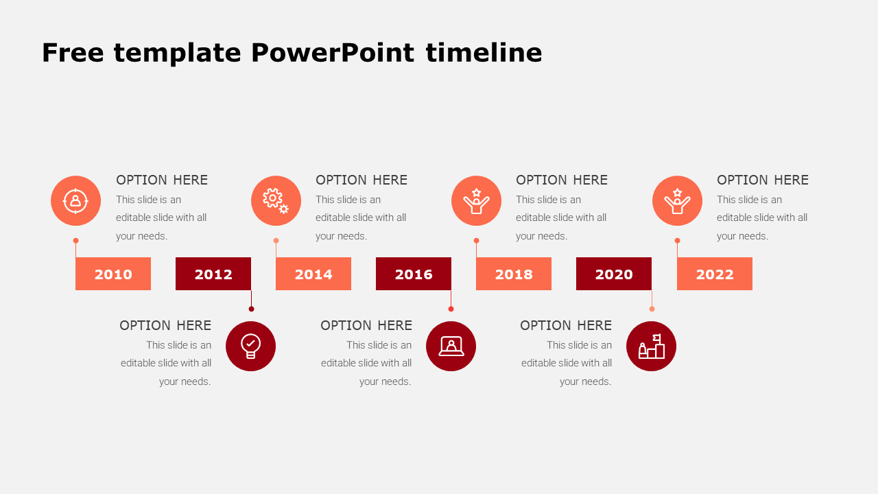 Timeline design showing a sequence of years from 2010 to 2022 with icons and placeholders text above each year.