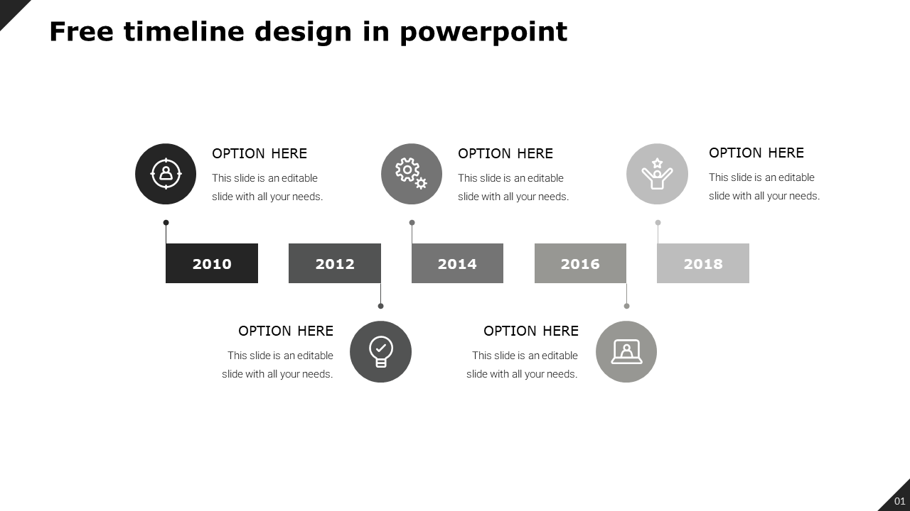 Gray and white timeline design with five circular icons and year markers, featuring text placeholders.