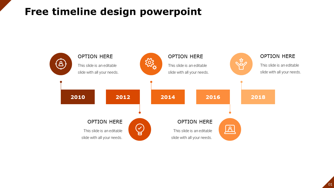 Horizontal timeline slide showing key milestones from 2010 to 2018 with icons representing each event.