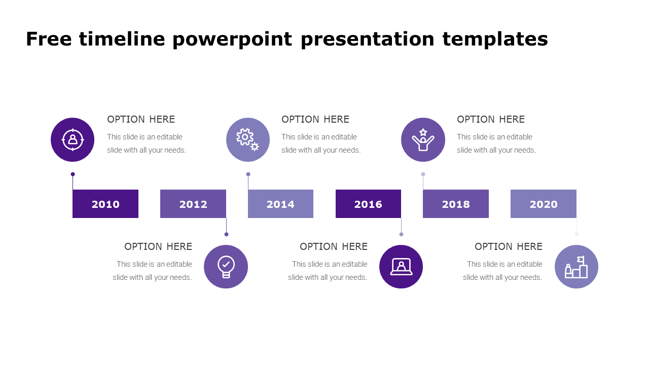 Purple timeline with six year markers and circular icons for 2010 to 2020, featuring text placeholders.