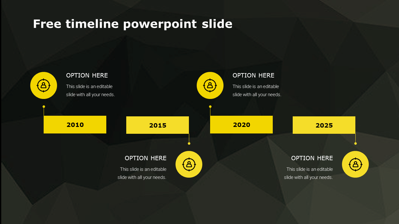 Timeline with four yellow year labels in boxes, each with a circular icon and text areas, on a dark backdrop.