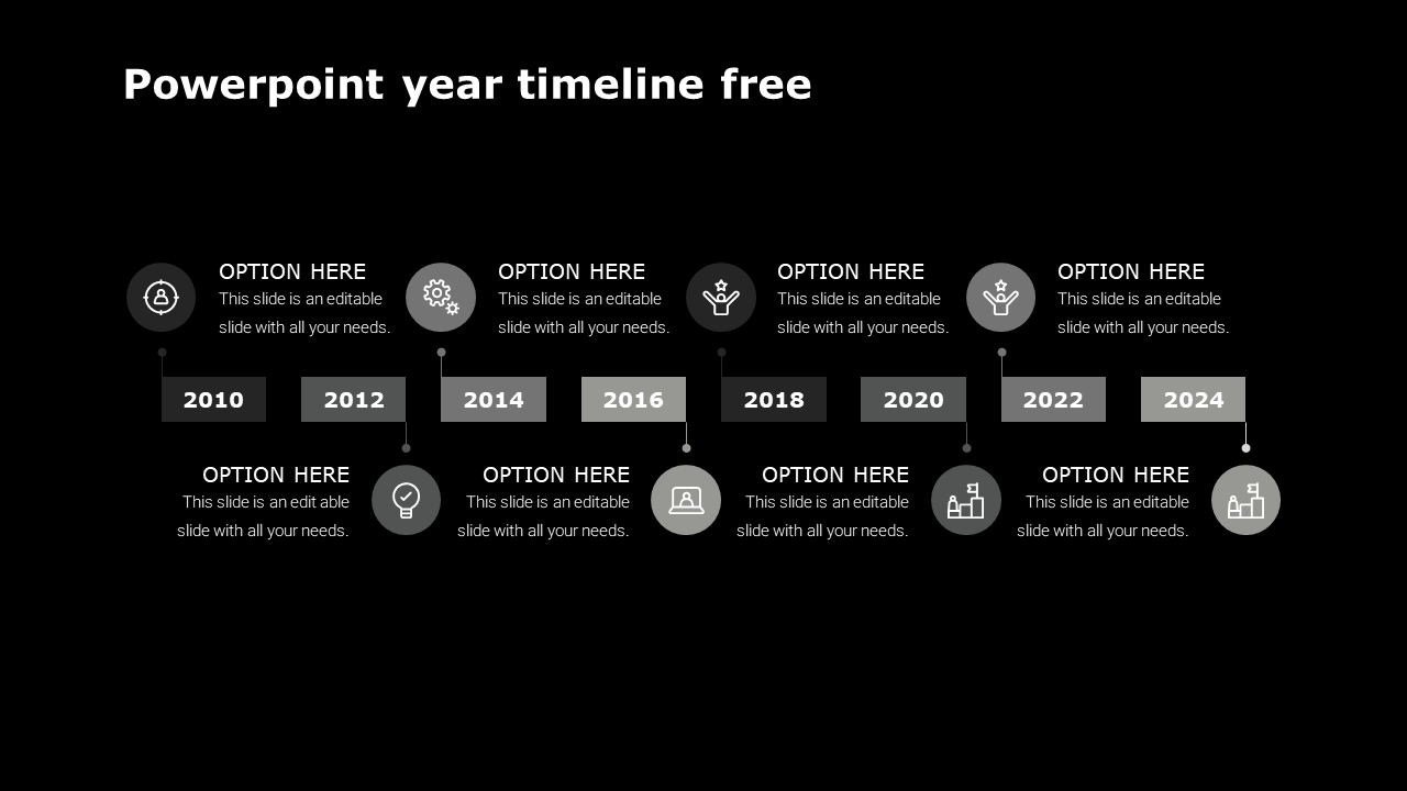 Horizontal timeline slide with milestones for the years, year labels, and caption areas on a black background.