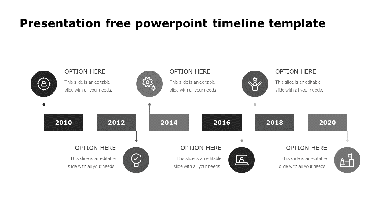 Grey themed timeline PowerPoint template featuring milestone years from 2010 to 2020 with icons and placeholder text.