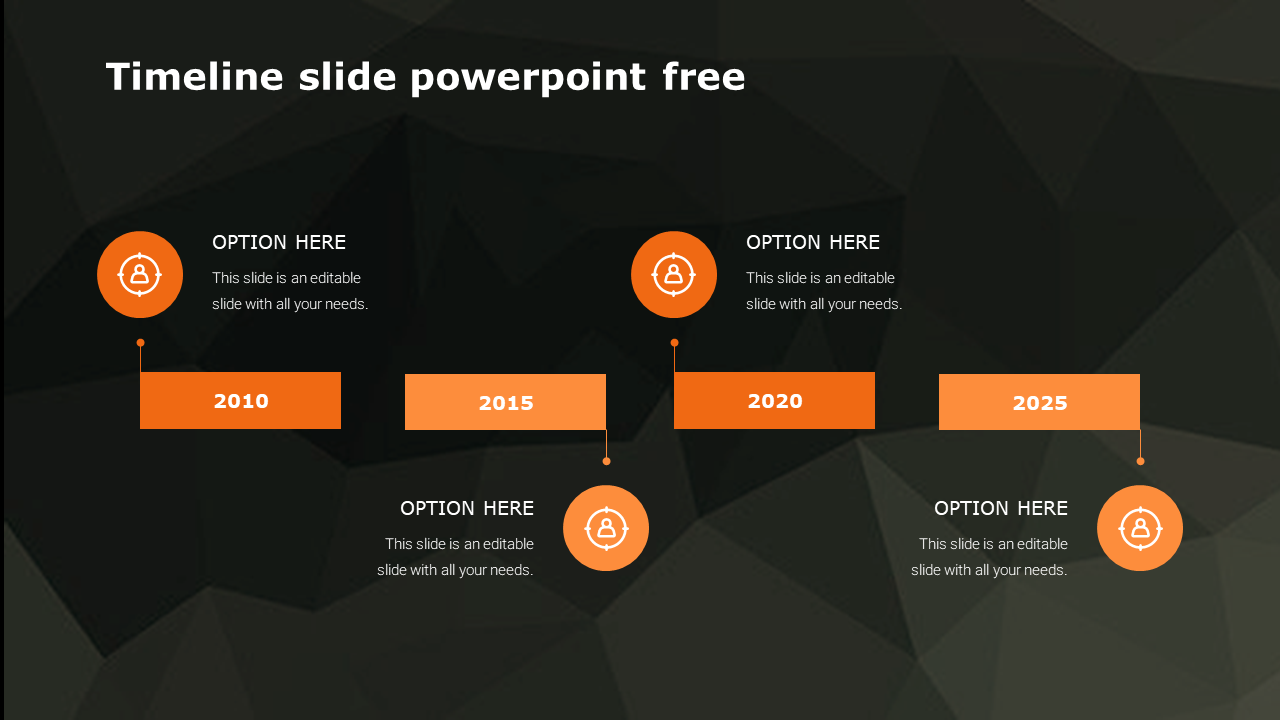 Timeline PPT template with four orange icons from 2010 to 2025 on a dark geometric background with placeholder text.