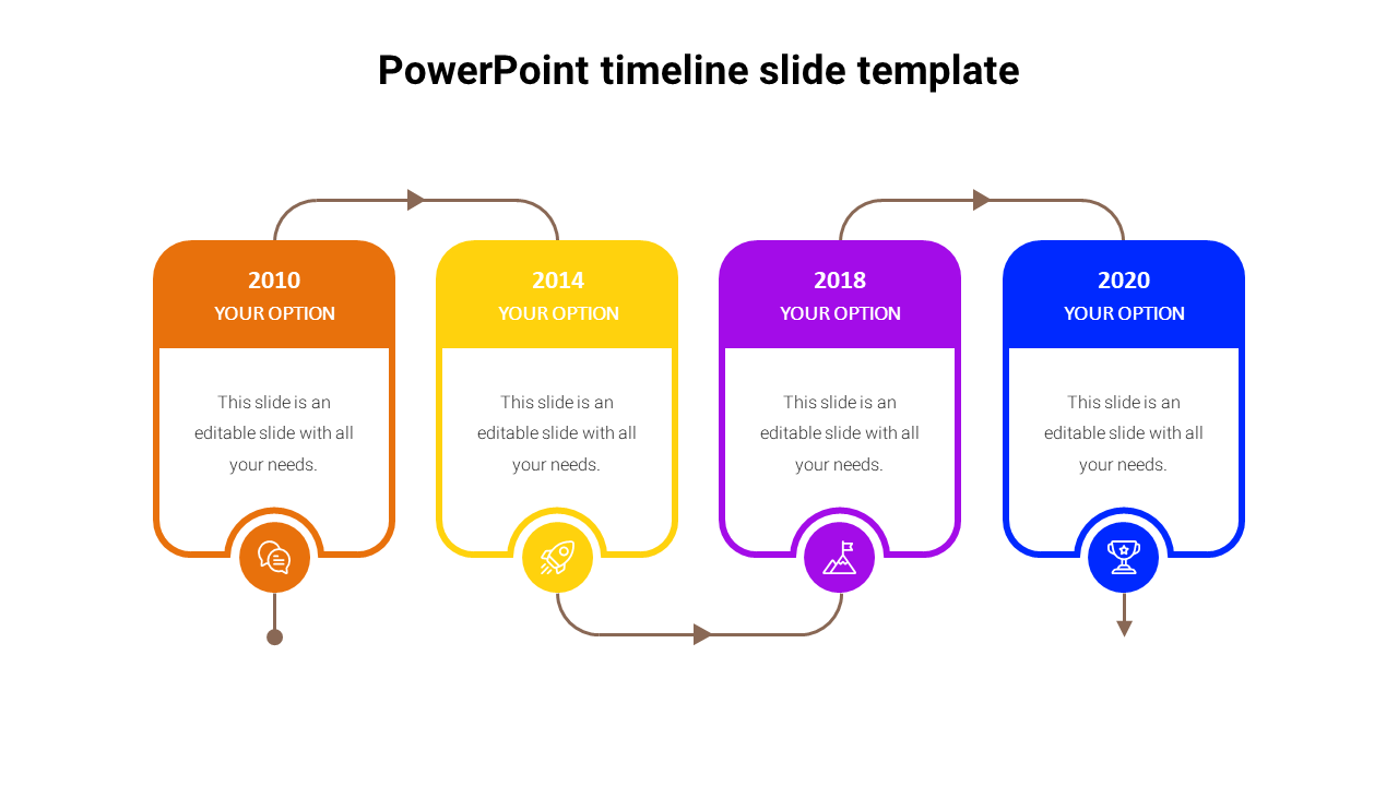 Timeline design with four years, each represented by a colored box in orange, yellow, purple, and blue, containing icons.