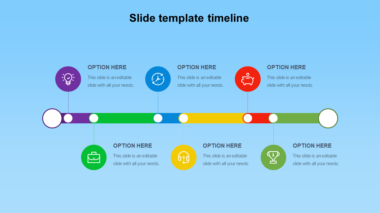 Timeline with colorful segments and icons in purple, blue, green, yellow, red, and teal, on a light blue background.