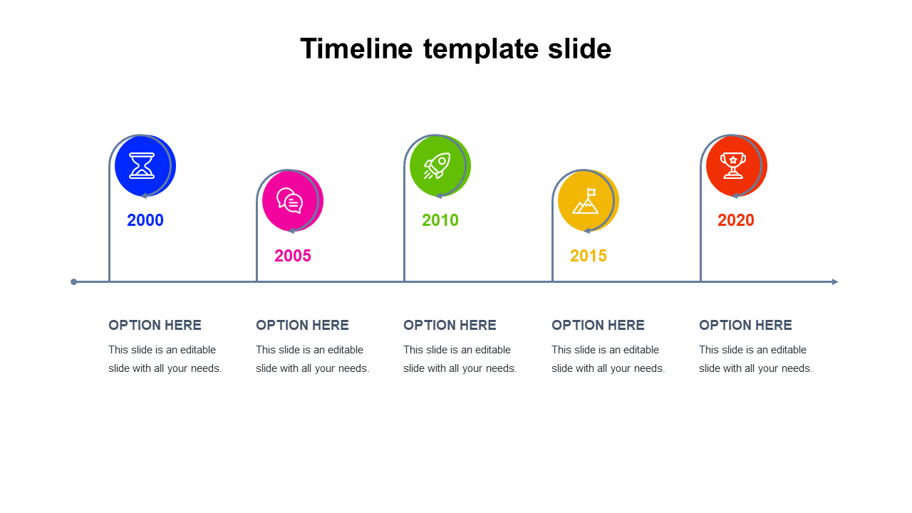 Horizontal timeline design with circular icons in blue, pink, green, yellow, and red representing different years.