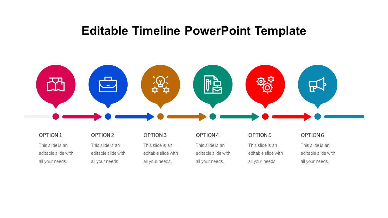 Six step timeline with colorful circular icons, arranged horizontally and connected by directional arrows.