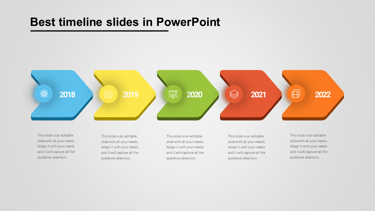 Timeline with arrows in shades of blue, yellow, green, red, and orange, each marking a milestone from 2018 to 2022.