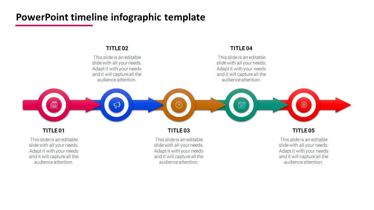 Horizontal timeline with five colorful circular icons connected by arrows in red, blue, yellow, green, and red.