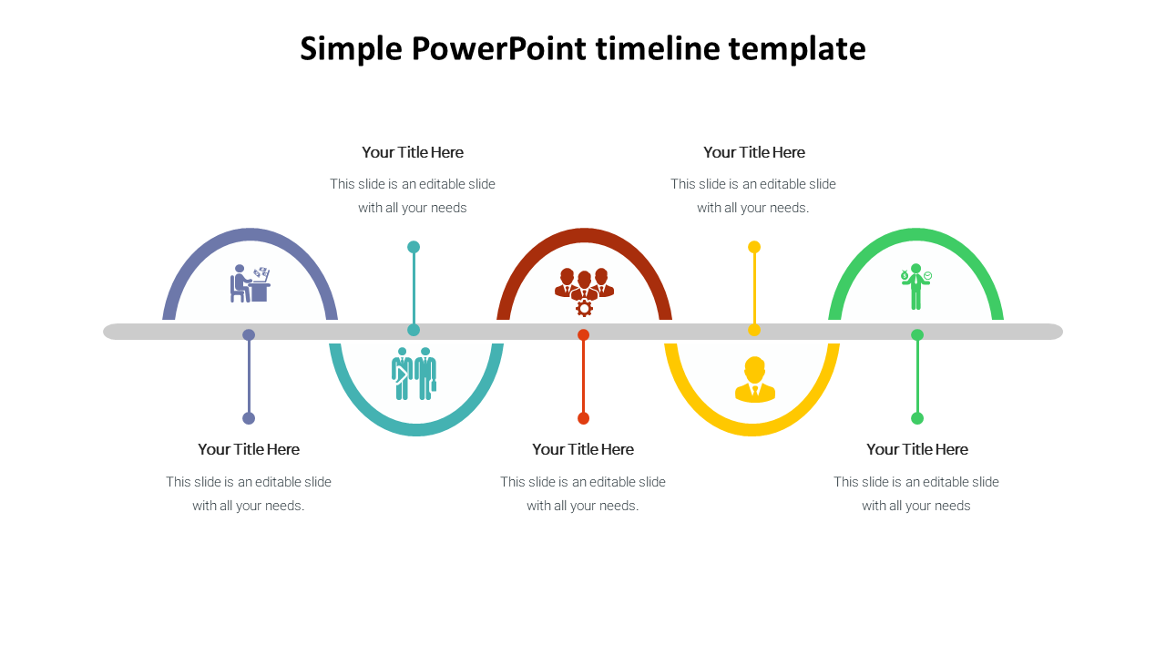 Horizontal timeline with curved sections in blue, teal, red, yellow, and green, each associated with icon.