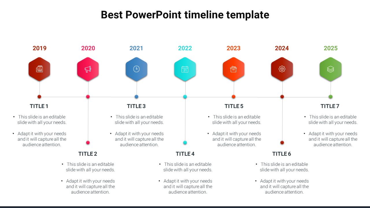 Colorful timeline slide showing events from 2019 to 2025 with text sections under each year with icons.