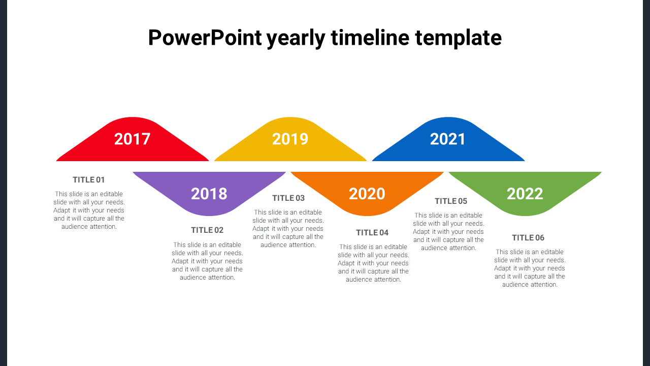 Yearly timeline slide showing years from 2017 to 2022, with colorful shapes representing each year.