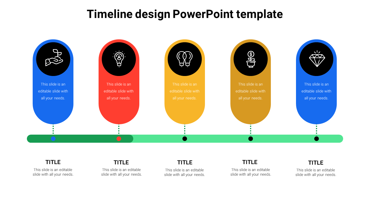 Timeline design with five colourful vertical sections, each with an icon and placeholder, connected by a horizontal timeline.