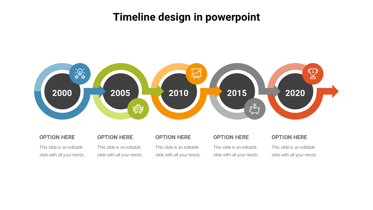 Colorful timeline PPT slide with years from 2000 to 2020, with sections for each milestone and icons with placeholder text.