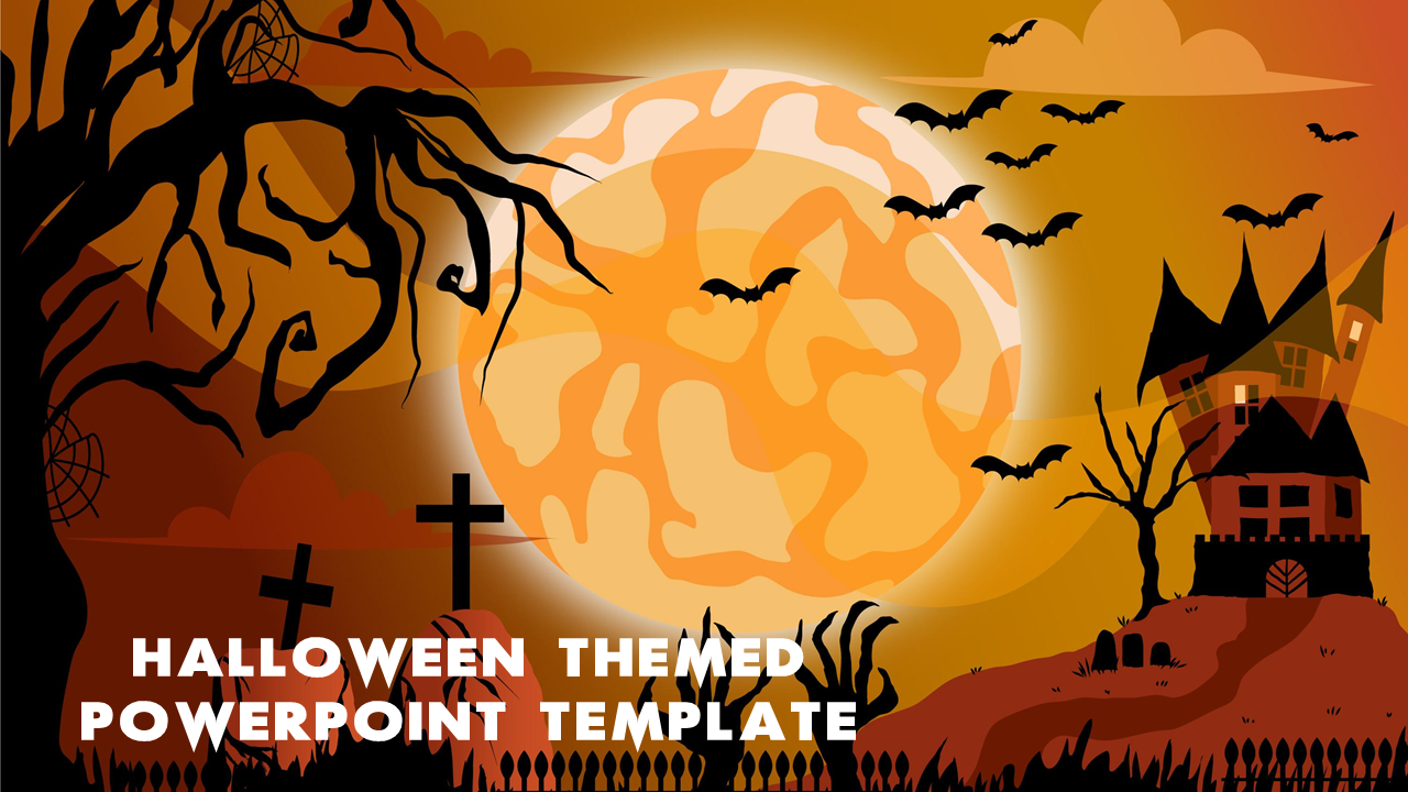 Spooky Halloween PPT slide with a haunted house, full moon, bats, and eerie graveyard in an orange and black theme.