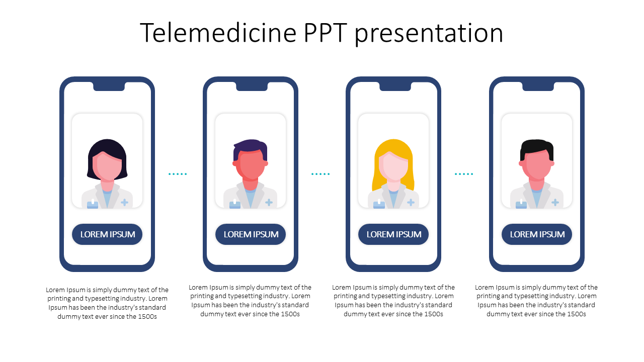 Four smartphone screens arranged horizontally, each displaying an illustrated medical professionals, with text below.