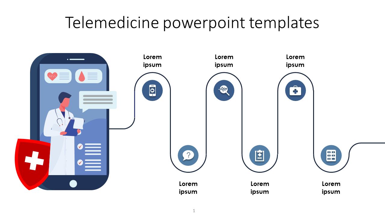 Telemedicine slide with a smartphone showing a doctor and medical icons connected by a timeline path.