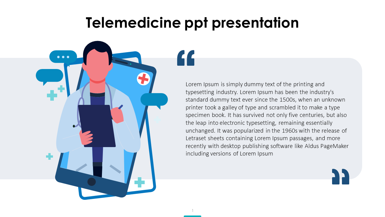 A telemedicine slide featuring an illustration of a healthcare professional with a digital tablet and placeholder text.