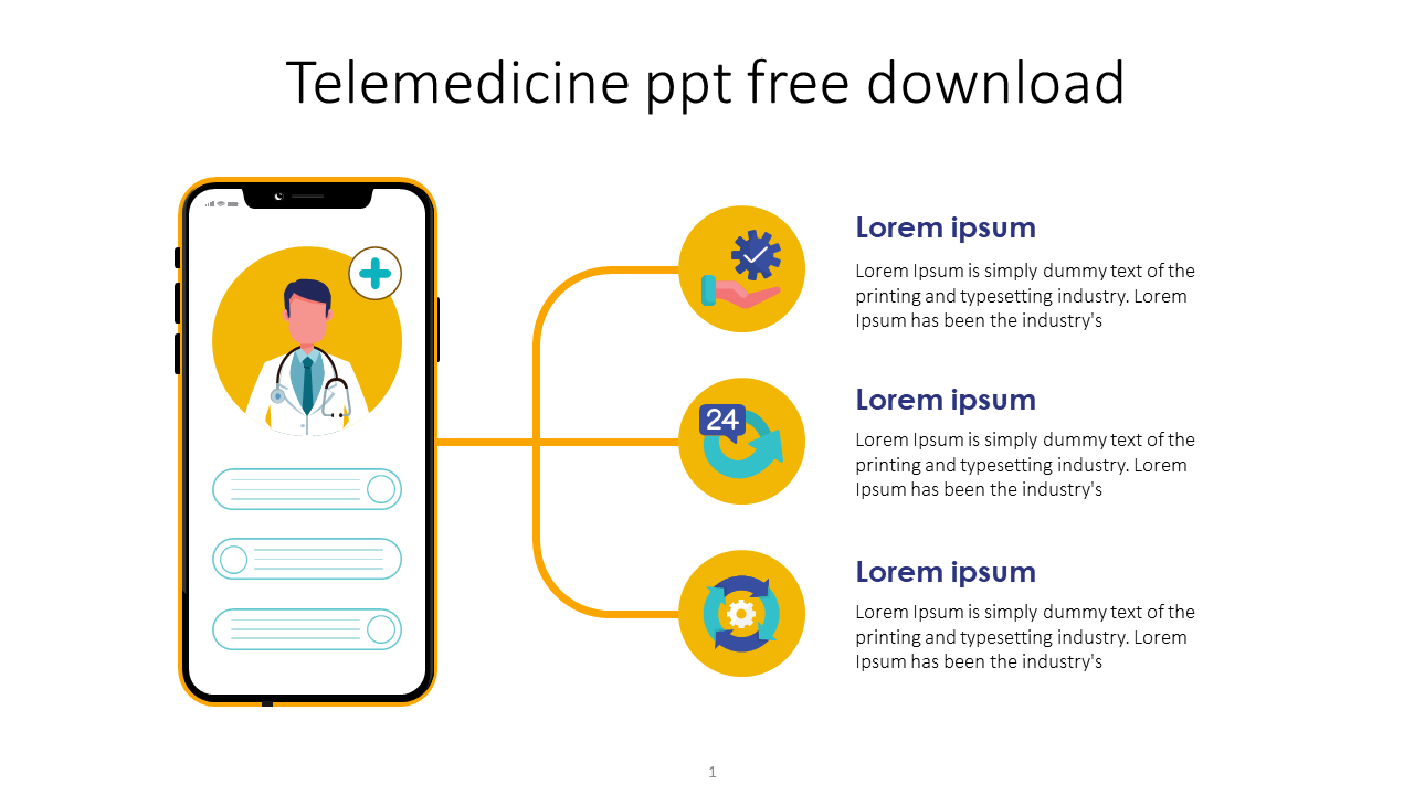 A telemedicine slide featuring a doctor’s image on a phone screen, connected by lines to three icons representing services.