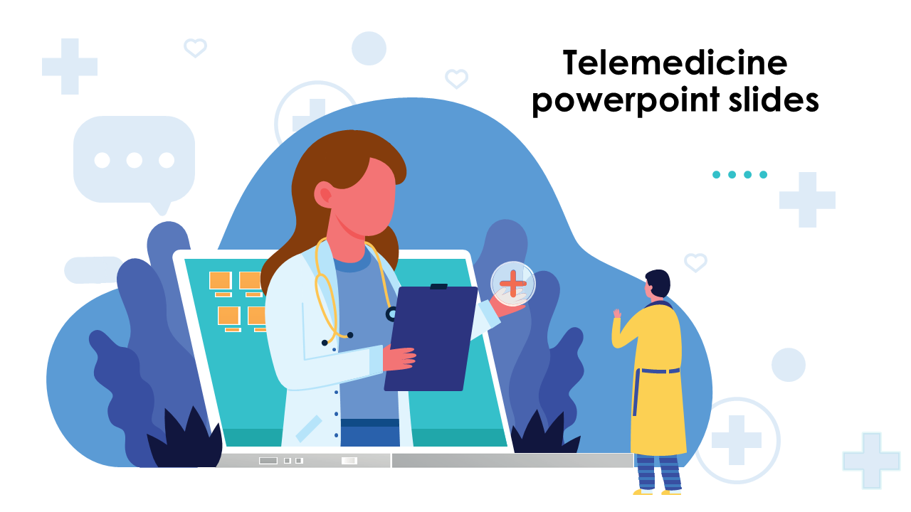 Illustration of a doctor holding a clipboard on a laptop screen with a patient in front, representing telemedicine.