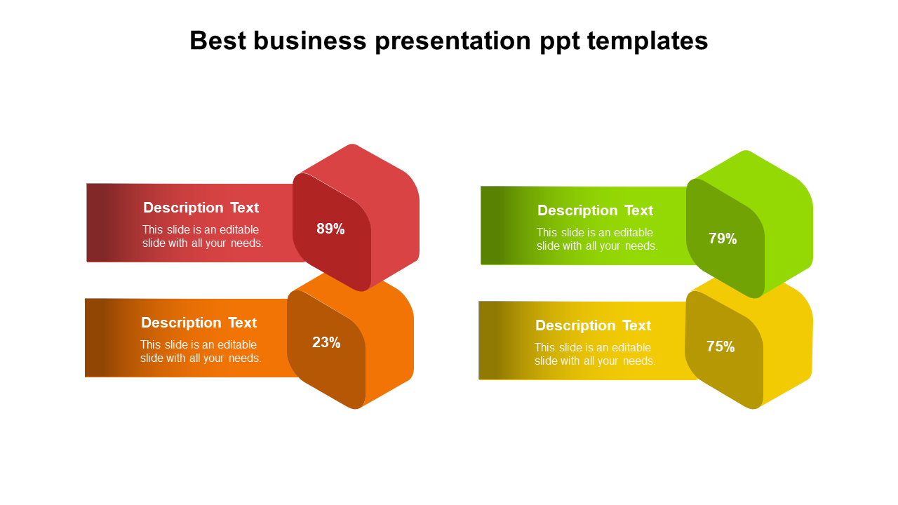 Four 3D blocks in red, orange, green, and yellow with percentage values and text, representing business data visually.