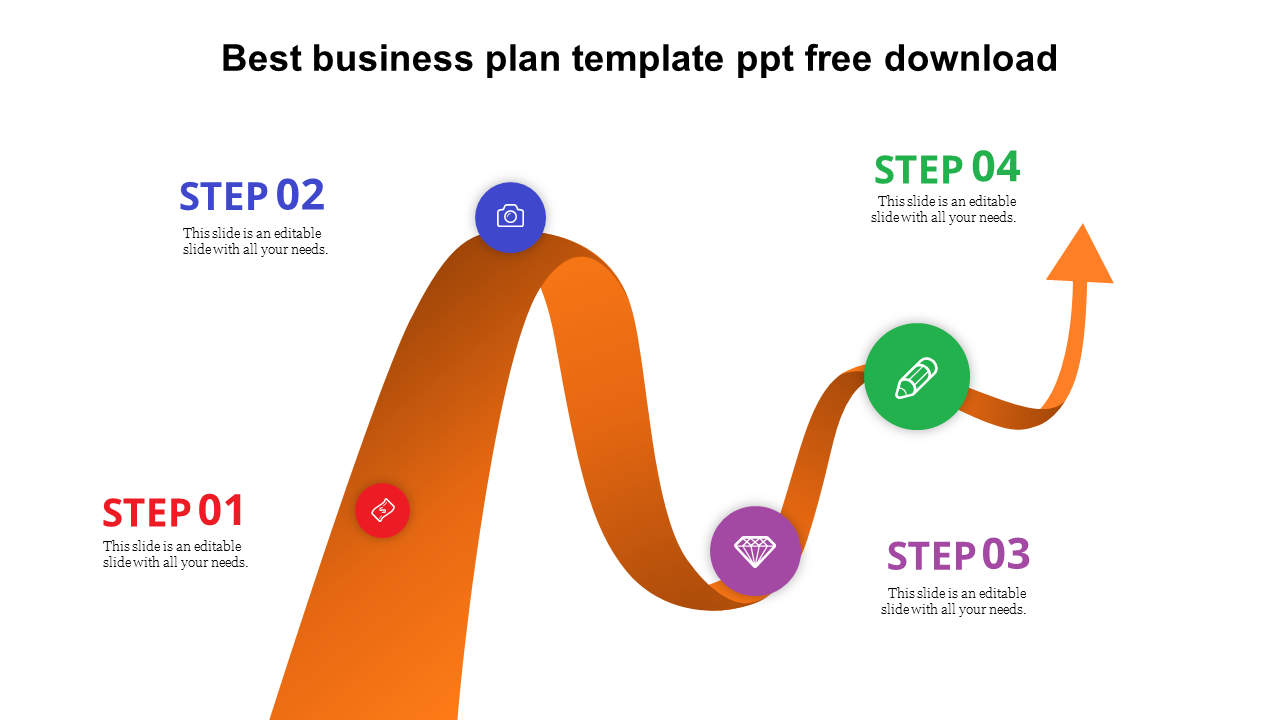 Curved orange path with four colorful circular icons marking steps for business plan, ending with an upward arrow.