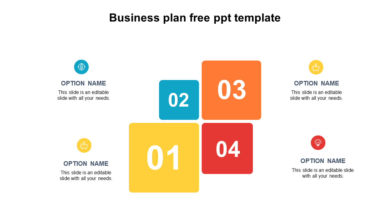 Business plan layout with four numbered squares in vibrant colors, paired with option text fields and icons on the sides.