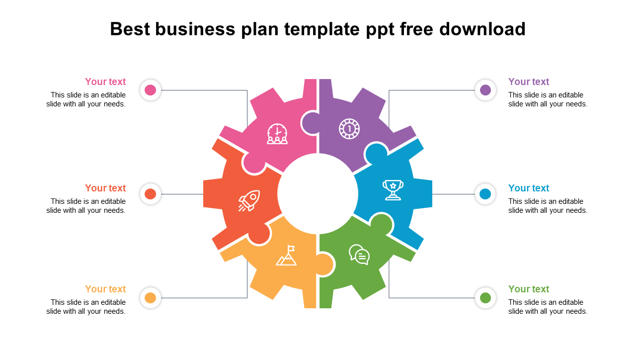 Business plan template  featuring a colourful circular puzzle piece with six segments, each containing icons and text boxes.