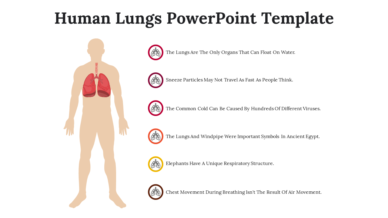 Human silhouette with highlighted lungs and six circular icons with placeholder captions on the right.